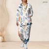 Women Plus Size Blue Floral Printed Scrub Set V Neck Long Sleeve Top With Pockets And Long Pants