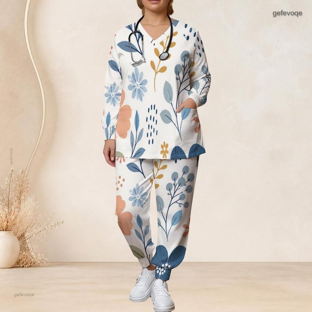 Women Plus Size Blue Floral Printed Scrub Set V Neck Long Sleeve Top With Pockets And Long Pants