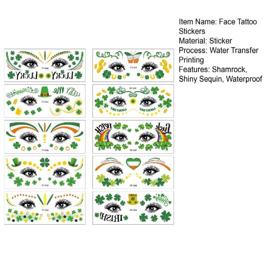 10 Pcs St. Patricks Day Face Tattoo Stickers Shamrock Pattern Shiny Sequin Waterproof Green Hat Temporary Tattoo Clover Costume Party Decor Supplies