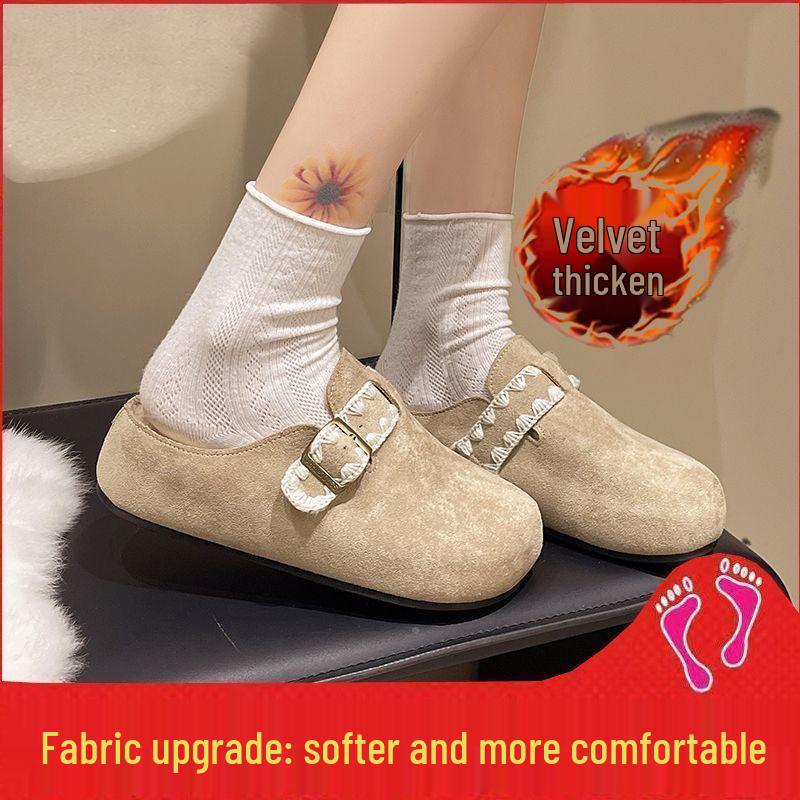 Женские ретро-тапочки Birkenstock с толстой подошвой, флисовой подкладкой и меховым круглым носком для осени/зимы.