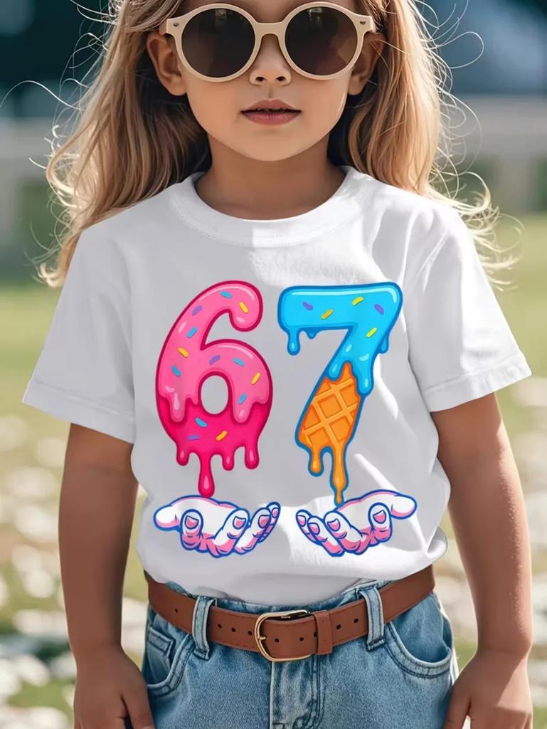 2026 67t Childrens Fun Number Summer ShortSleeve TShirt Cotton Loose and Comfortable Top Street Fashion Casual Stylish