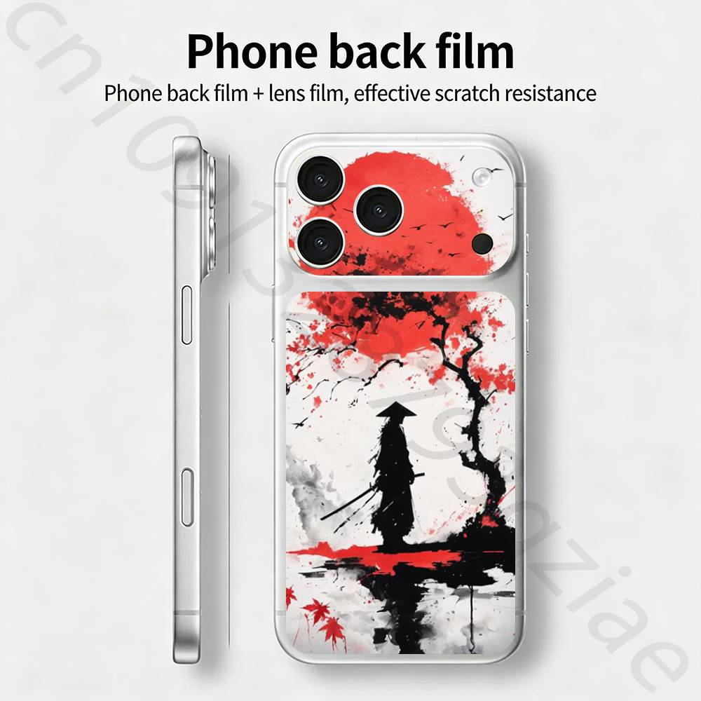 Японский Бусидо Самурай Для iPhone 17 pro Max /17 pro Полное Покрытие Наклейка Кожаная Обертка 3D Цветная Задняя Защитная Пленка-Наклейка
