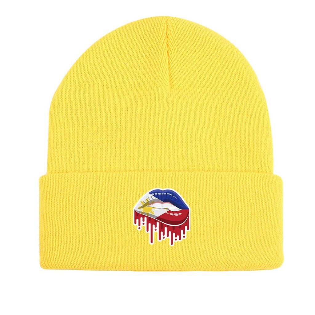 Lip Flag of Philipines Winter Knit Hat Beanie, Patriotic Skull Cap Thermal Slouchy Solid Bonnet Knitted Cap Beanie