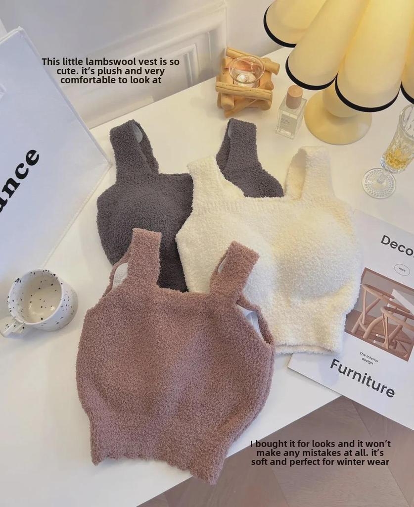 Встроенный жилет-комбинезон из плюша ягненка с нагрудными подушечками — теплый слой без бюстгальтера для осени и зимы