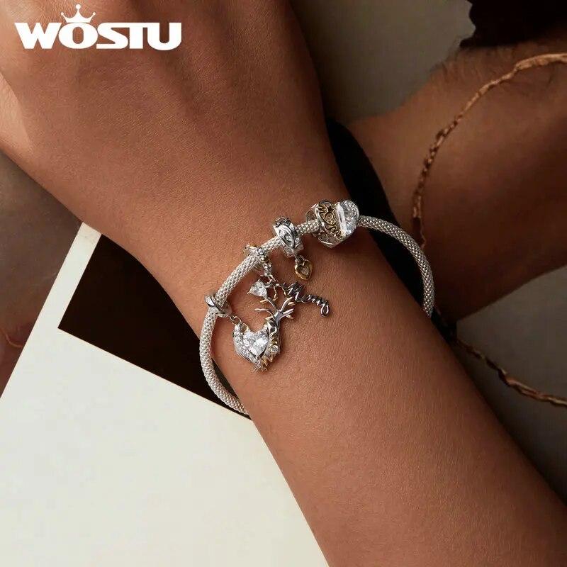 WOSTU 925 Sterling Silver Mother's Day Gold Charm Heart Wing Pendant Cross Tree Stopper Beads Fit Original Bracelet Guard Gift