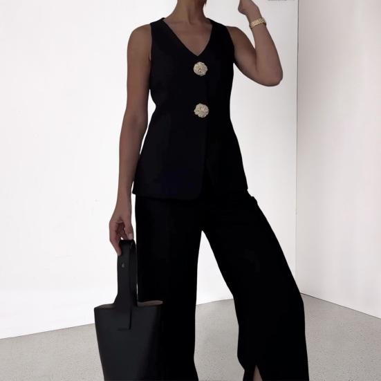 2 шт./компл. женский костюм, жилет и брюки, комплект с V-образным вырезом, жилет без рукавов с двойной застежкой на пуговицы, однотонные брюки с высокой талией, OL, деловой деловой костюм