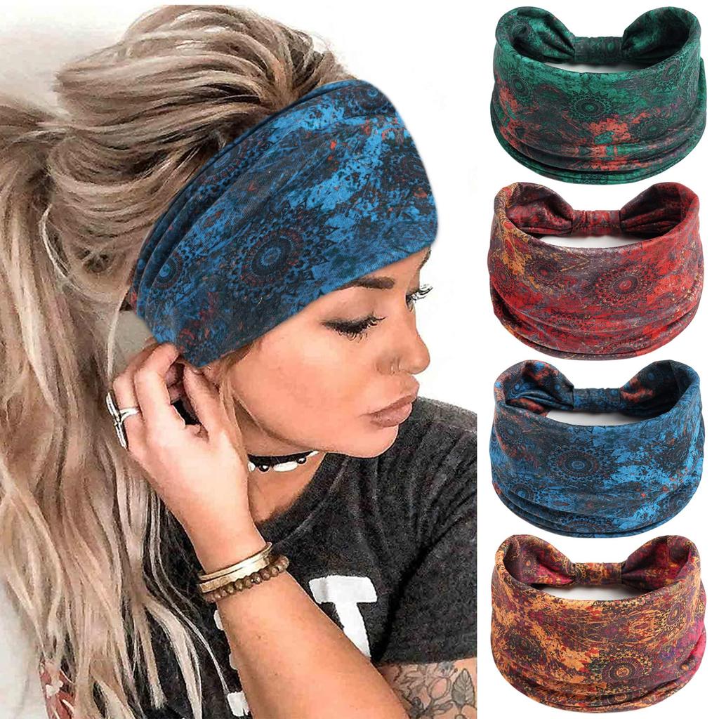 Boho Headbands for Women Cotton Wide Headwrap Non Slip Stretch Hairbands Workout Yoga Head Bands Bandage Running Bandana Turban Hair Accessories