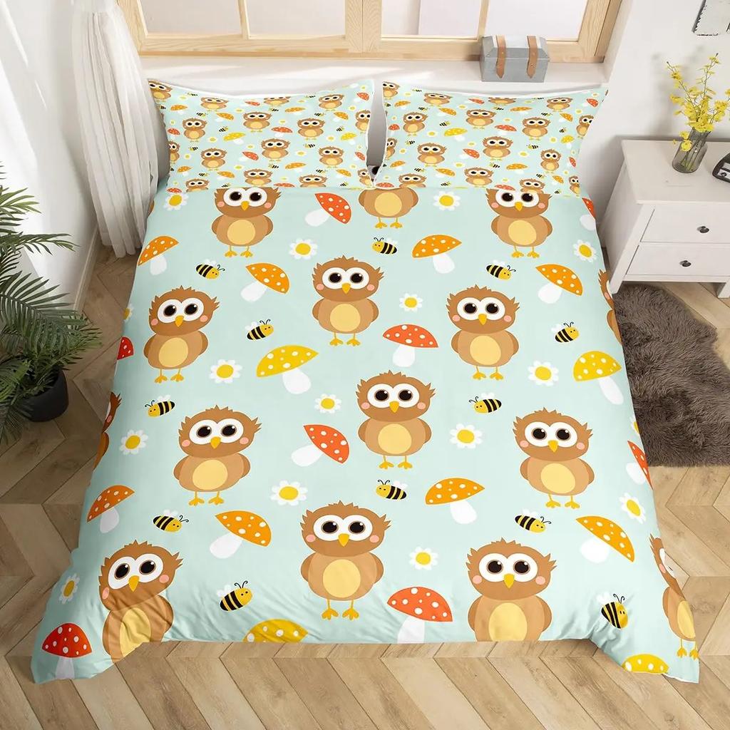 Kids Cartoon Garden Bed Set Cute Owls Comforter Cover, Chic Tree Butterfly Duvet Cover Full Queen White Daisy Floral Bedding Set