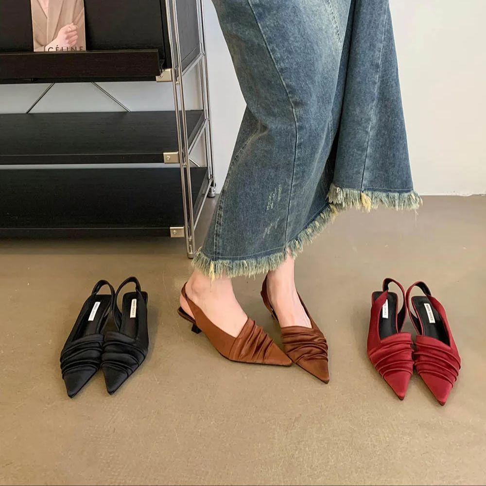 Fashion Summer Women Sandals Pointed Toe Black Brown Red Elastic Back Strap Thin Mid Heels New Arrivals 2024 Black Brown Red Pumps 35-39