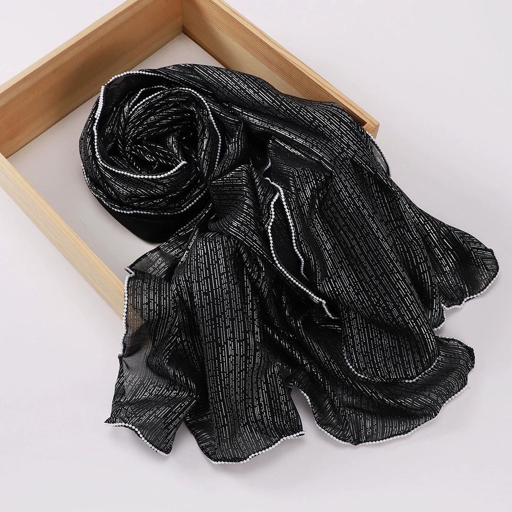 Chiffon Gold and Silver Wire Light Thin Women's Casual Pearl Edge Shawl Headscarf Hijab Scarves