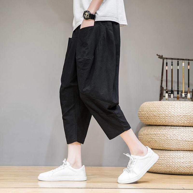 Мужские летние свободные тонкие льняные брюки-карго в китайском стиле с семью точками больших размеров, повседневные шаровары из хлопка и льна цвета моркови