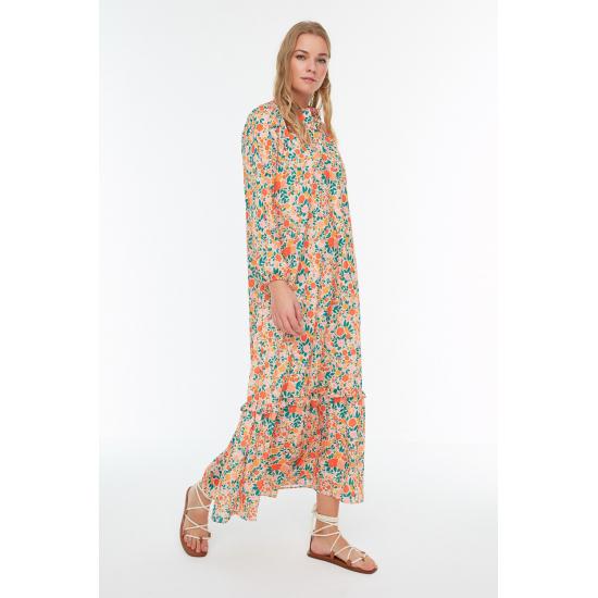 Оранжевая юбка с полуворотником с цветочным принтом и широкое платье с оборками