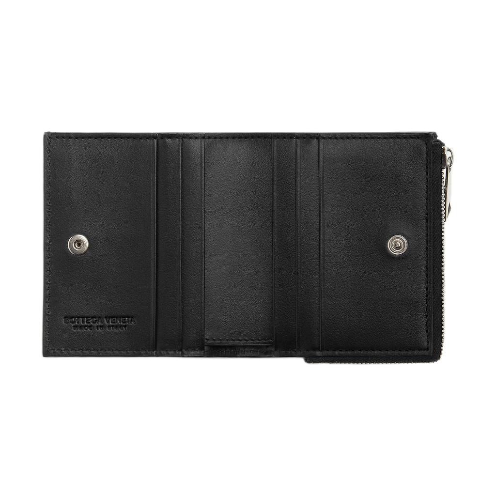 Bottega Veneta Zipper Double Fold Calfskin Wallet Men Wallet Black 775546VCPQ48803