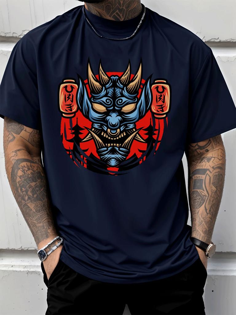 Classic Japanese Oni Mask Lantern Street Graphic Unisexs Cotton Crew Neck Tee Short Sleeve Loose Casual Daily Street Male Wear Top