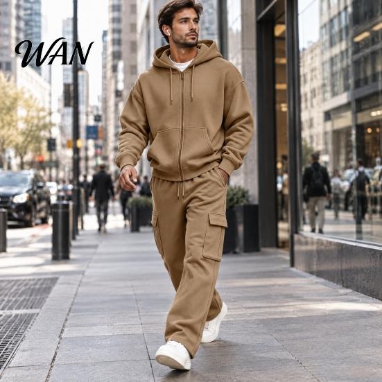 Easy Care Machine Washable Sportswear 2Pcs/Set Men Tracksuit Set, Hooded Jacket Cargo Jogger Sweatpants Everyday Lounge Wear Sets Solid Color