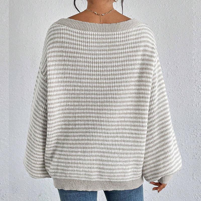 Women's Fall/Winter Loose One-line Shoulder Off-the-shoulder Knit Vintage Lantern Sleeve Striped Sweater
