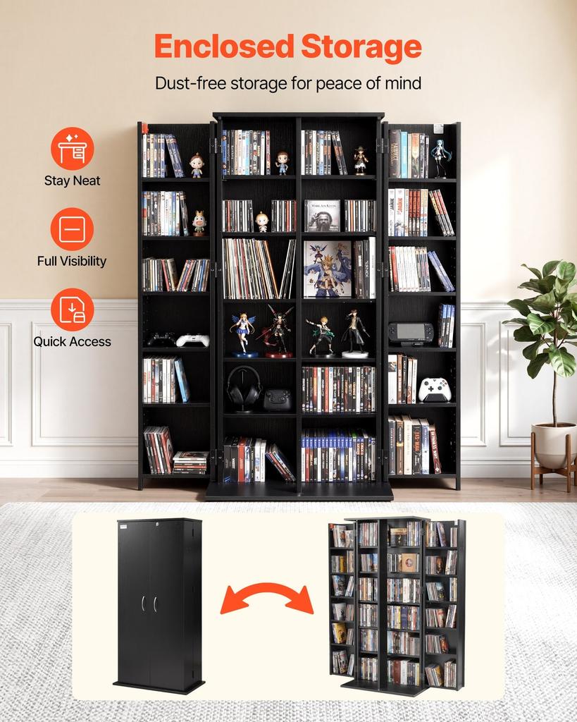 Media Storage Cabinet, 6-Tier DVD Shelf Organizer, 610 x 368 x 1270 mm Multimedia Storage Organizer for CDs, DVDs, Books, Games, CD Shelf for Living