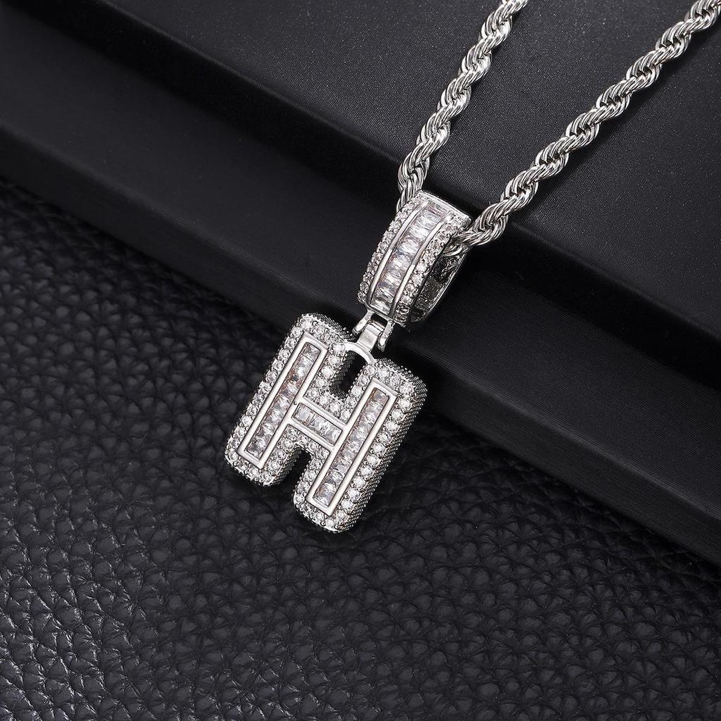 Zircon Inlaid Rock Sugar Initial Pendant Necklace - European & American Hip-Hop Style