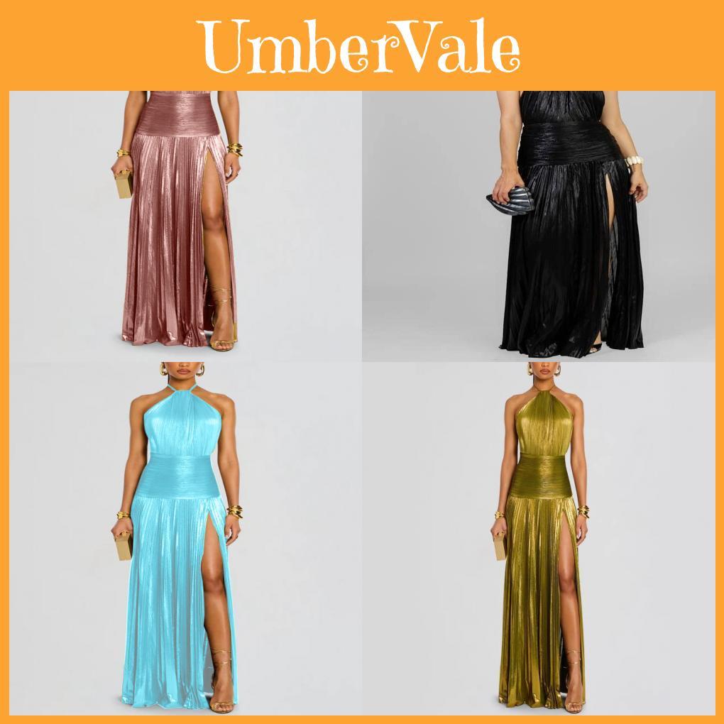 Metalic Sheen Elegant Sleeveless Backless Dress With Slit For Party And Evening Wear