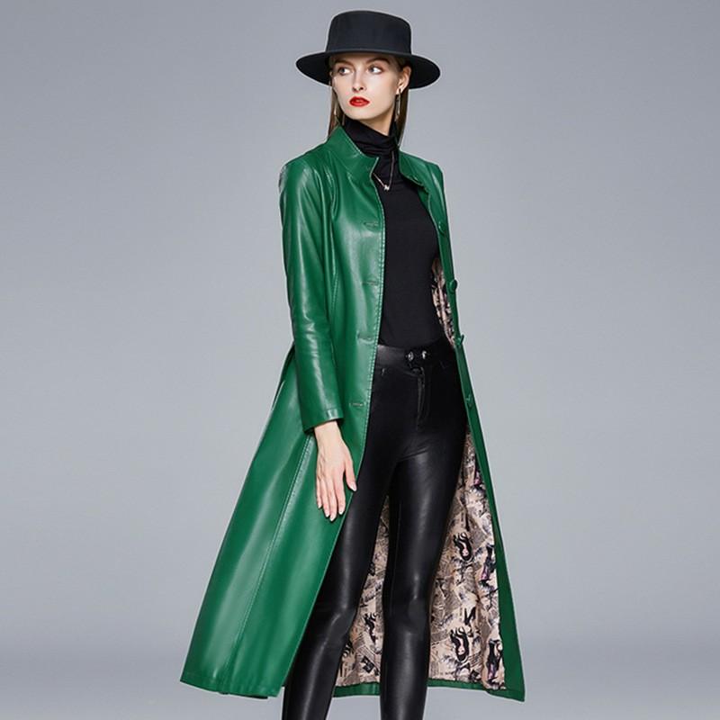 Womens Long Faux Leather Jacket Slim Fit Stand Collar Casual Outerwear