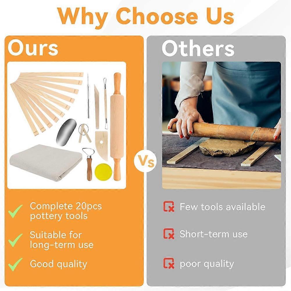 20Pcs Pottery Teaching Kit,with Rolling Pin,Pottery Teaching Rolling Mud Sticks,Clay Sculpting Tool