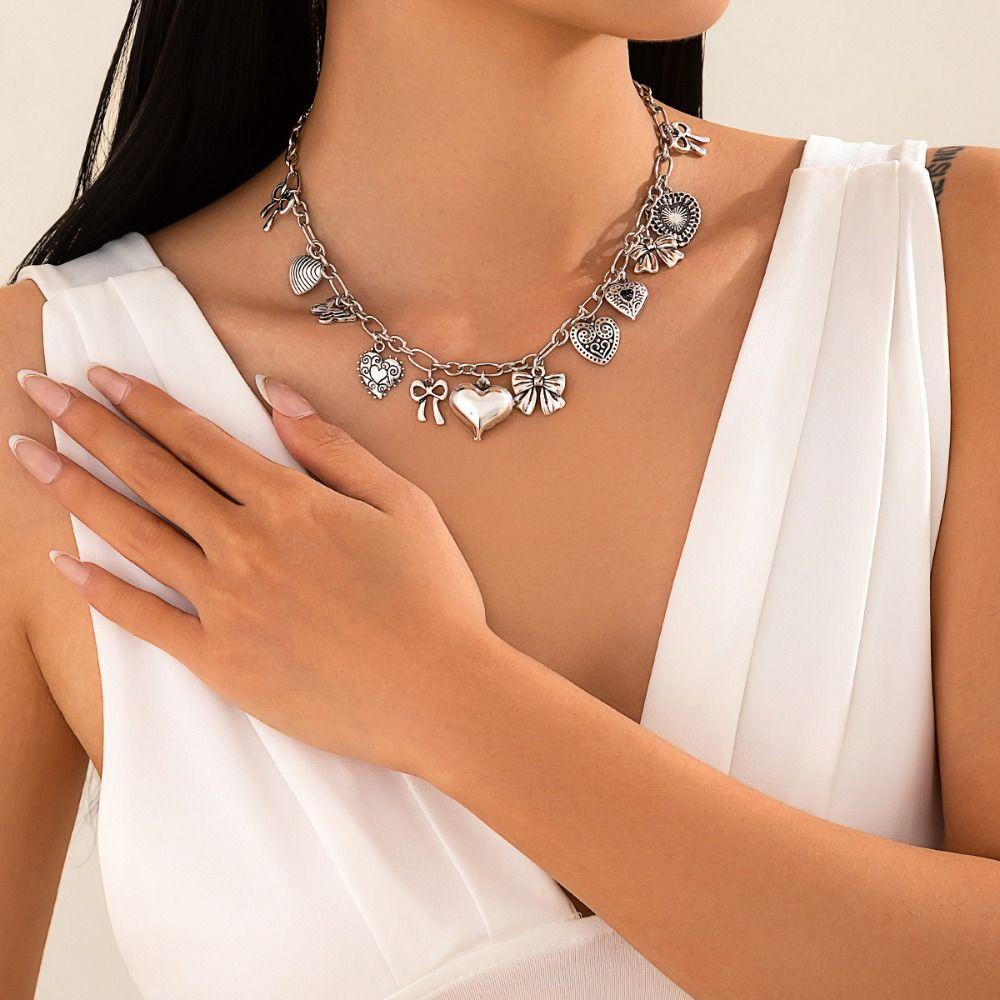 Bowknot Heart Pendant Necklace Y2k Sweet Choker Fashion Metal Necklace Women