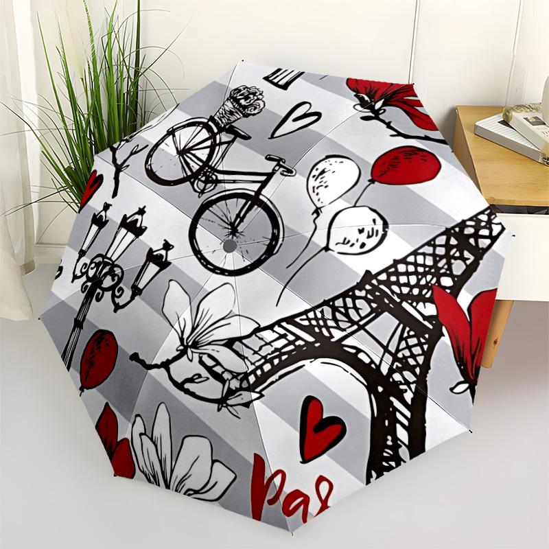 1pc Paris, Bicycle Auto-Fold Umbrella with One-Touch Open/Close - 8 Reinforced Ribs for Windproof Stability, yy251118186