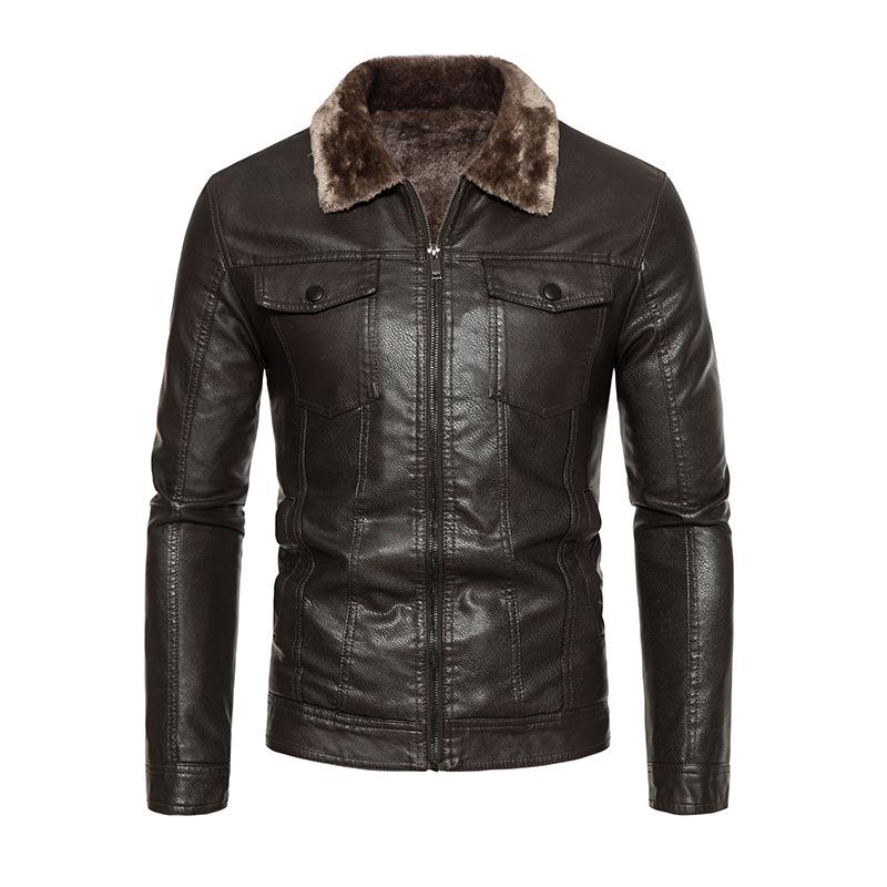 New Leather Jacket Men's Fur Integrated Pu Leather Jacket Motorcycle Lapel Men's Velvet Thickened Leather Jacket Korean Version Slim Fit