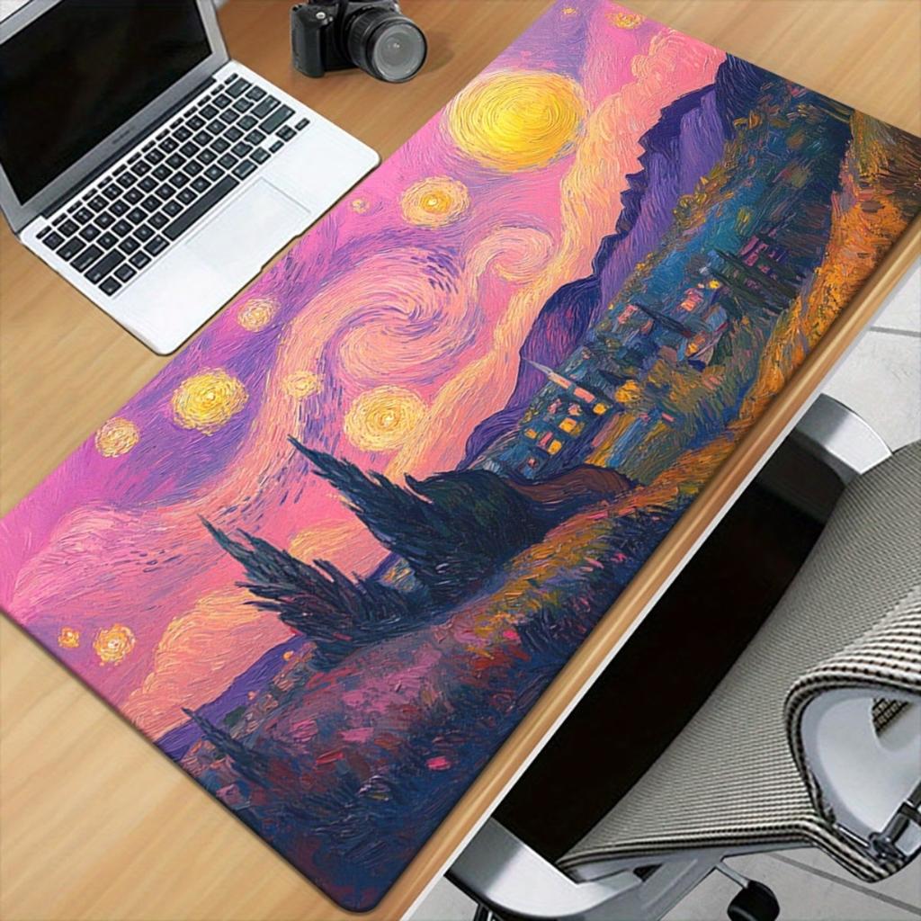 Van Gogh Style Starry Sky Mount Fuji Sakura Desk Mat Xxl NonSlip Rubber Gaming Mousepad Art Landscape Keyboard Pad