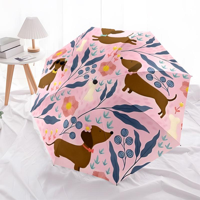 1pc Dachshund Floral Automatic Folding Umbrella - Compact 8-Rib Design, Durable Plastic & Iron, Lightweight for Outdoor Daily Use082