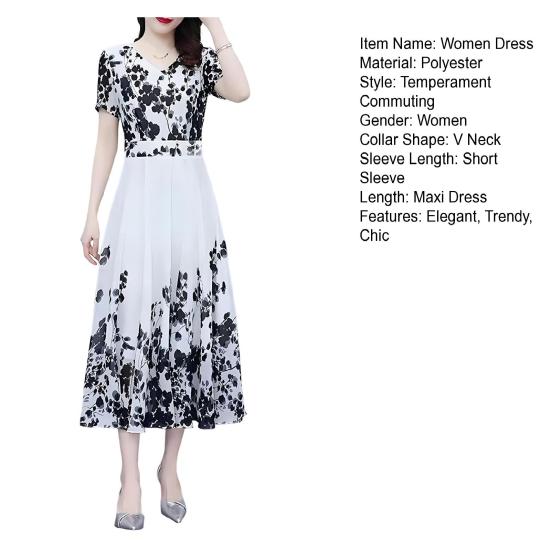Women's Floral Maxi Dress Chinese Art Style Print A-line Long Dress Summer Short Sleeve V Neck Beach Sundress