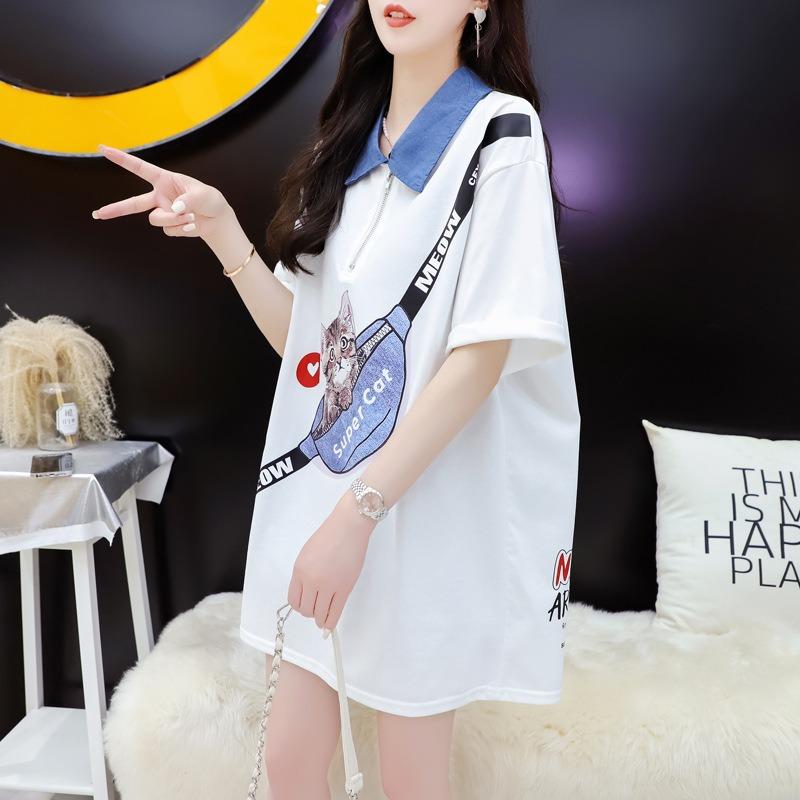 Женская футболка с коротким рукавом, женский летний длинный свободный повседневный топ с воротником-поло