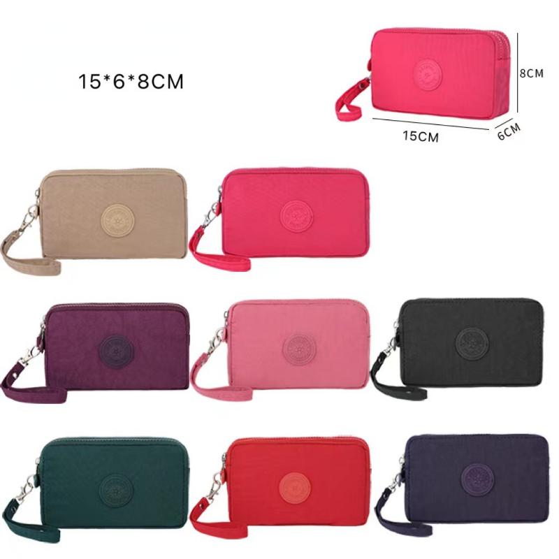 Middle-aged Women Long Three Zipper Layer Money Pouch Nylon Phone Bag Solid Color Card Key Toiletry Canvas Storage Organizer Bag
