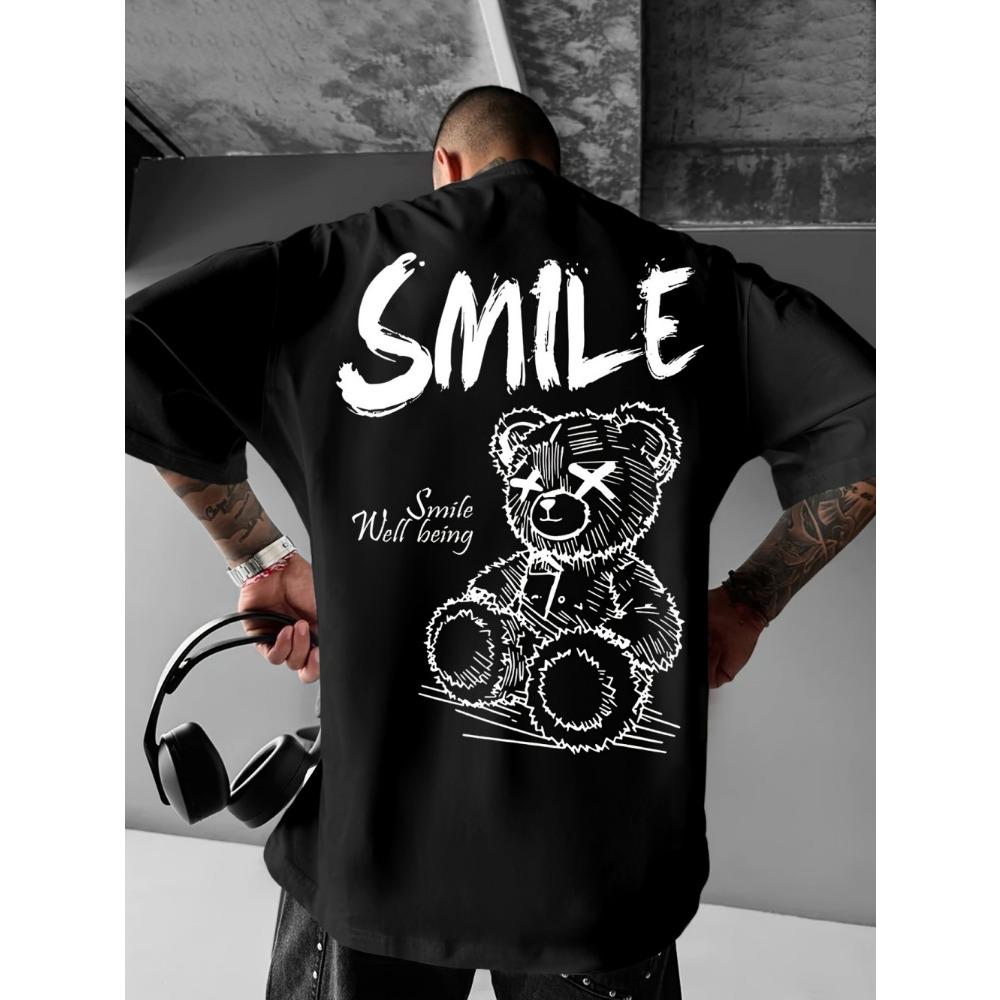 Trendy Summer Men's Personalized Teddy Bear Print Micro Elastic Comfortable Breathable Round Neck T-shirt Outdoor Urban Top