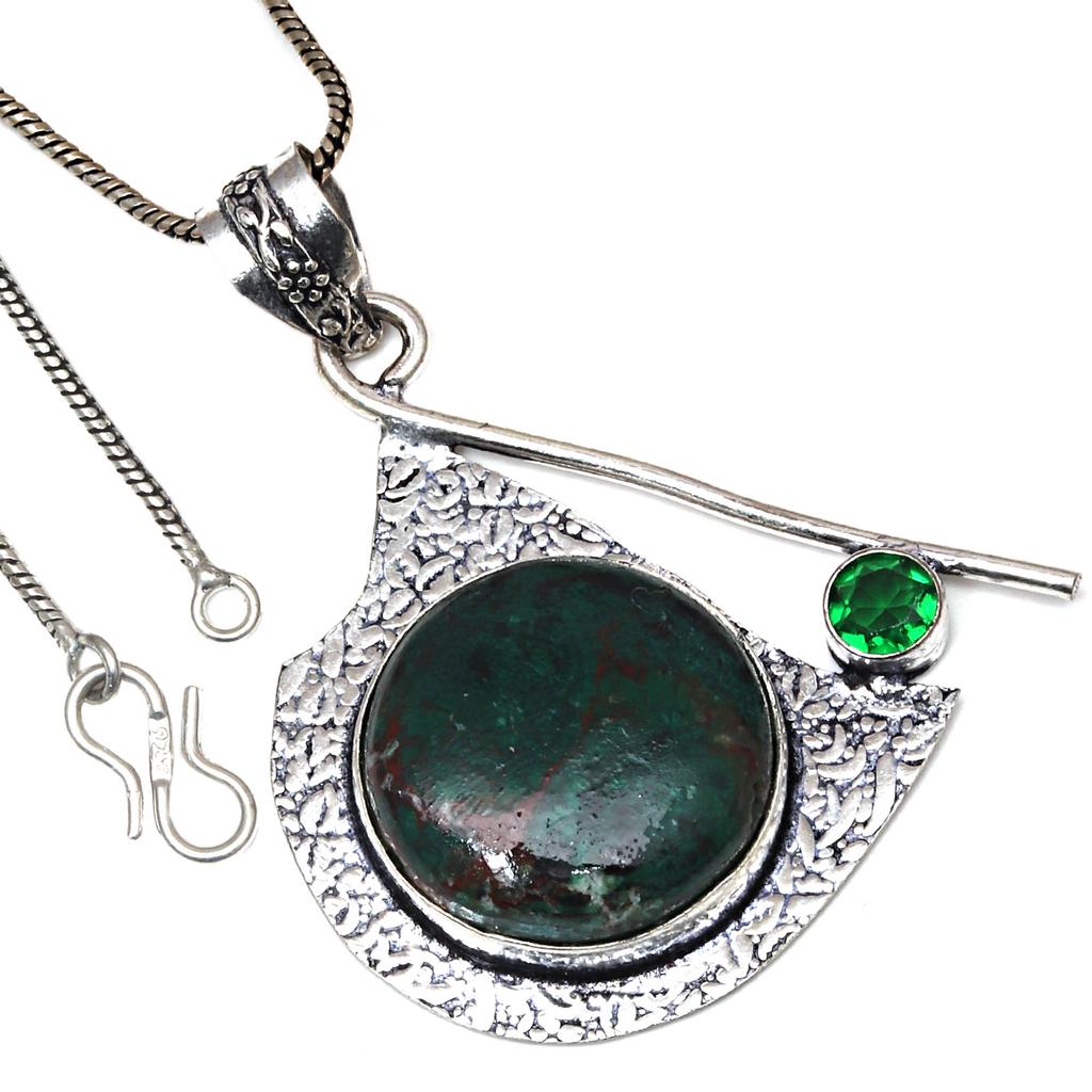 Pendant Chrysocolla  Emerald Gemstone Valentine'Day Gift Silver Jewelry 2.5"