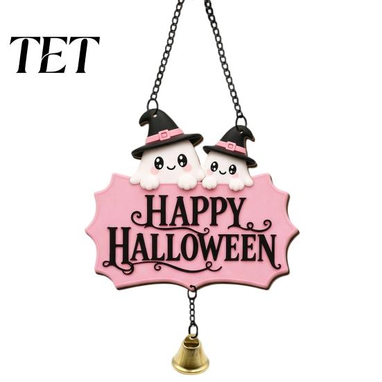 Decorative Skull Doorbell Halloween Cute Witch Hat Ghost Door Sign, Wooden Hanging Decoration, Pink Sign Pendants for Indoor Outdoor Home Wall
