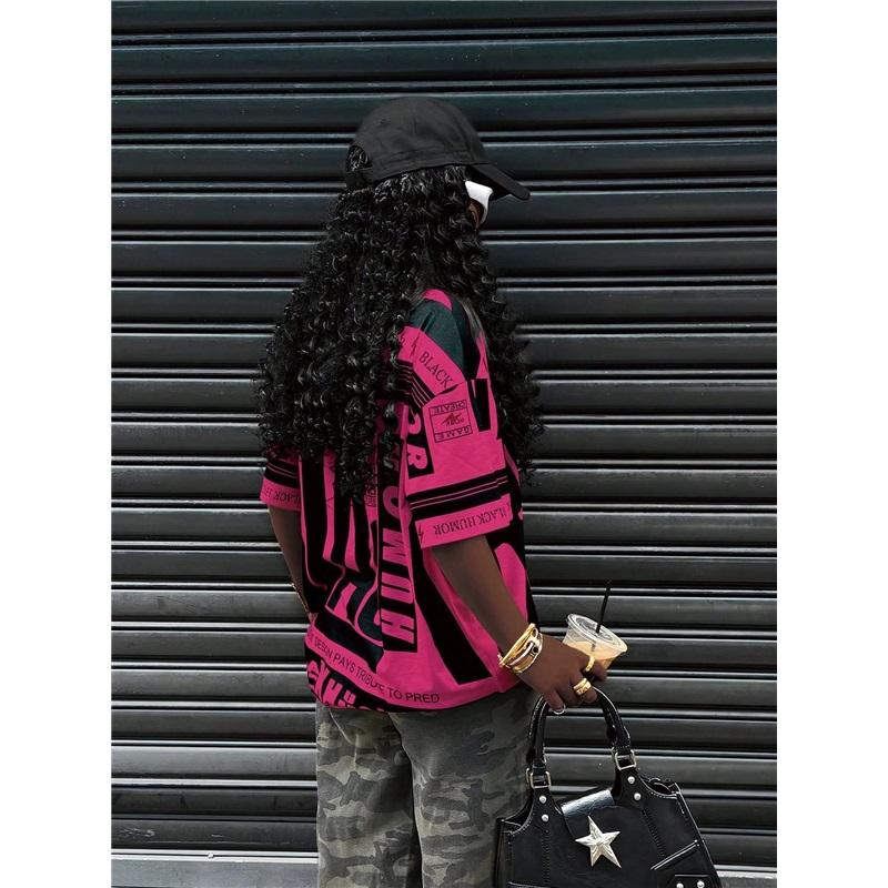 Большая американская ретро ЧЕРНАЯ футболка с принтом, короткий рукав, для женского уличного стиля, свободная и стройнящая, контрастный топ с половиной рукава