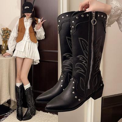 2025 Новейшие ковбойские сапоги до колена, кожаные, модные, роскошные, лаконичные, сексуальные, с острым носком, на квадратном каблуке, с боковой молнией, женские туфли