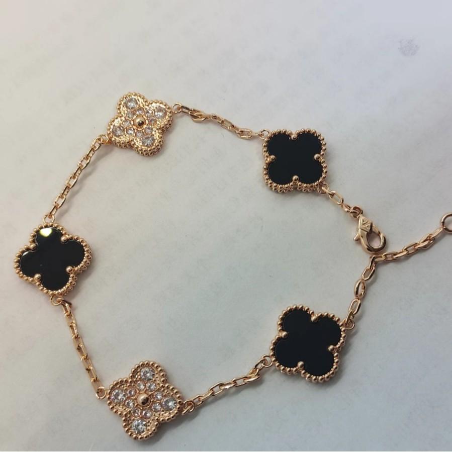 Four-leaf Clover Five-flower Bracelet Women's Rose Gold White Fritillary Carp Chalcedony Black Agate