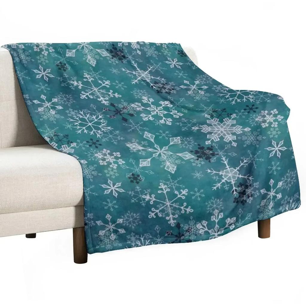 New Snowflake Crystals in Teal Throw Blanket Warm Flannel Blanket for Couch Chair Bedroom