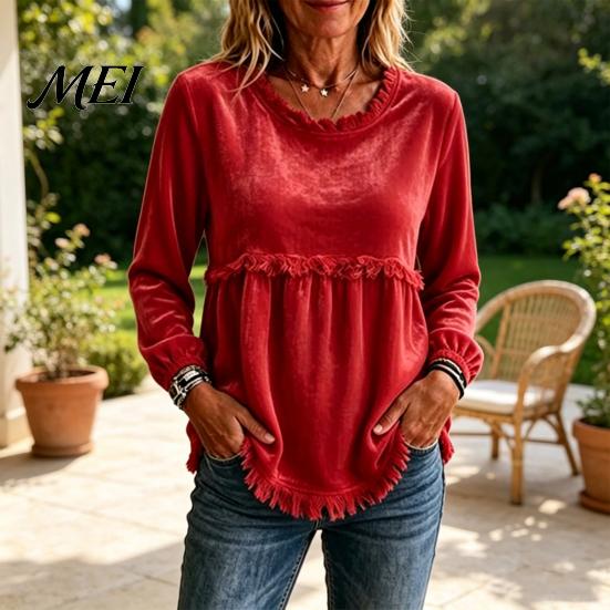 Loose Fit Women Tops Fall O-Neck Shirt, Casual Fringe Blouse, Solid Breathable Top Color Ruffle Long Sleeve Pullover with Tassels Office Wear Shirts