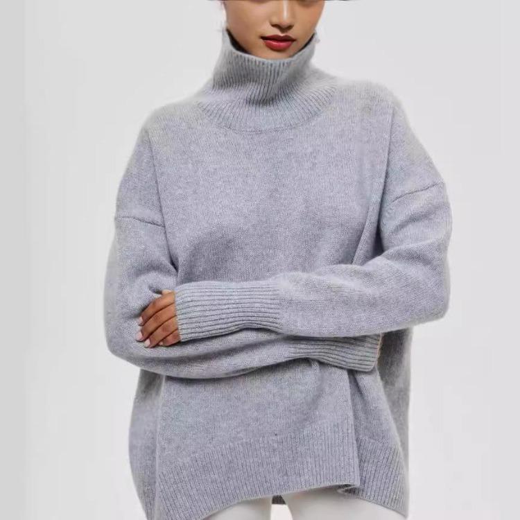 Свободный вязаный свитер женский однотонный с длинным рукавом пуловер с полувысоким воротником топы осенне-зимняя мода
