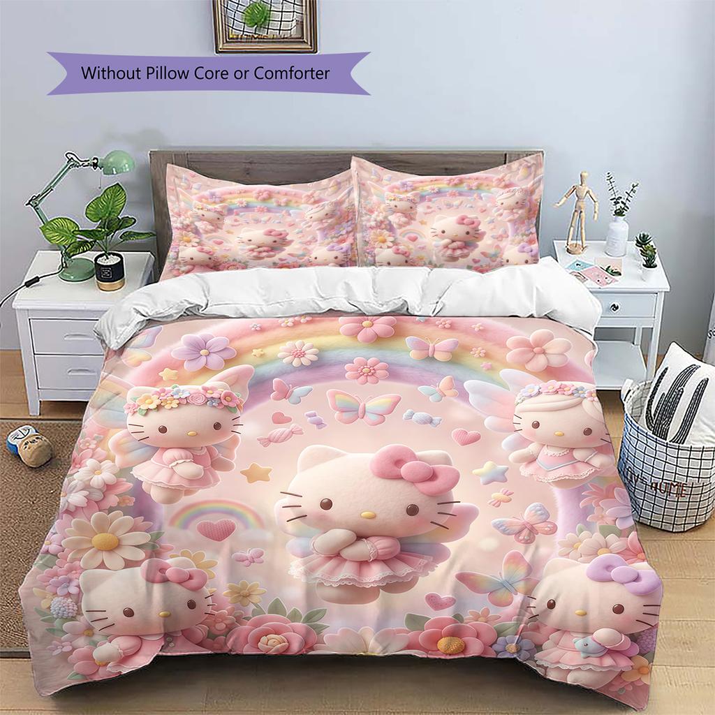 Постельное белье с розовым узором Hello Kitty, Комплект с одеялом, Пододеяльник, Наволочка, Домашний подарок на день рождения(1 пододеяльник + 2 наволочки, без наполнителя)