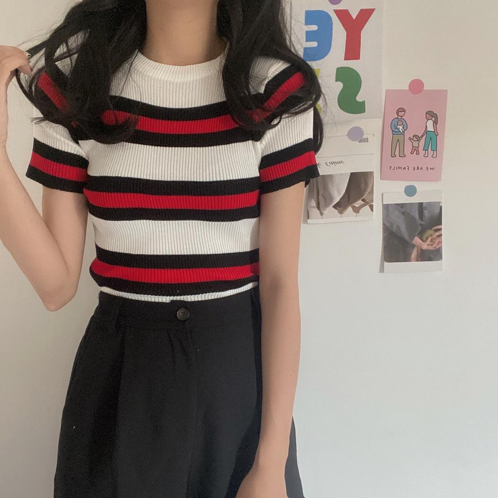 Модная полосатая футболка с короткими рукавами, женская весенне-летняя кофта с круглым вырезом, тонкая трикотажная рубашка с цветными блоками, топы, повседневные облегающие кофты, футболки