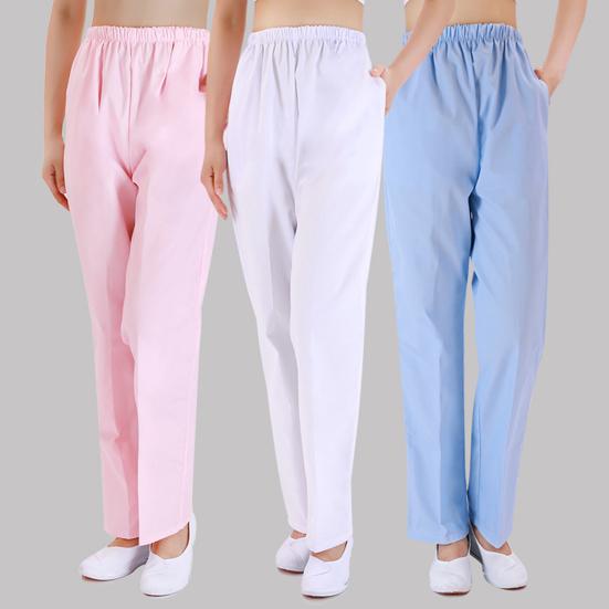 Летние брюки для медсестры со средней посадкой и эластичной резинкой на талии, широкие длинные брюки, однотонные женские рабочие брюки с карманами