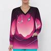 Women Plus Size Nurse Scrub Top V Neck Long Sleeve Printed Pink Purple With Front Pockets