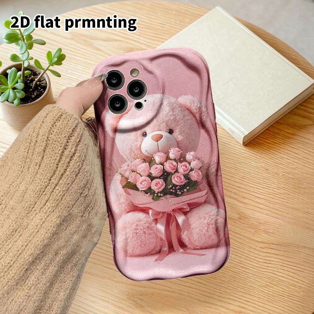Phone Case: 2D flat design suitable for iPhone 18, 17, 16, 15, 14, 13 Pro protective case, couple style, pink teddy bear, Christmas and Halloween gift