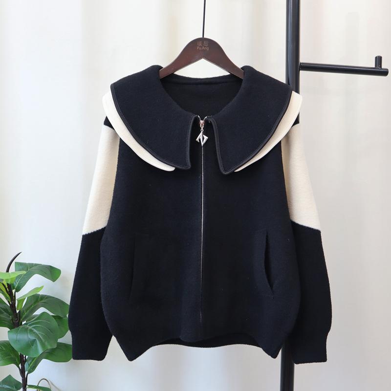 Дизайн с воротником-куклой, контрастный цвет, вязаный двусторонний твидовый жакет, осень-зима, новый свободный и тонкий свитер-кардиган для женщин