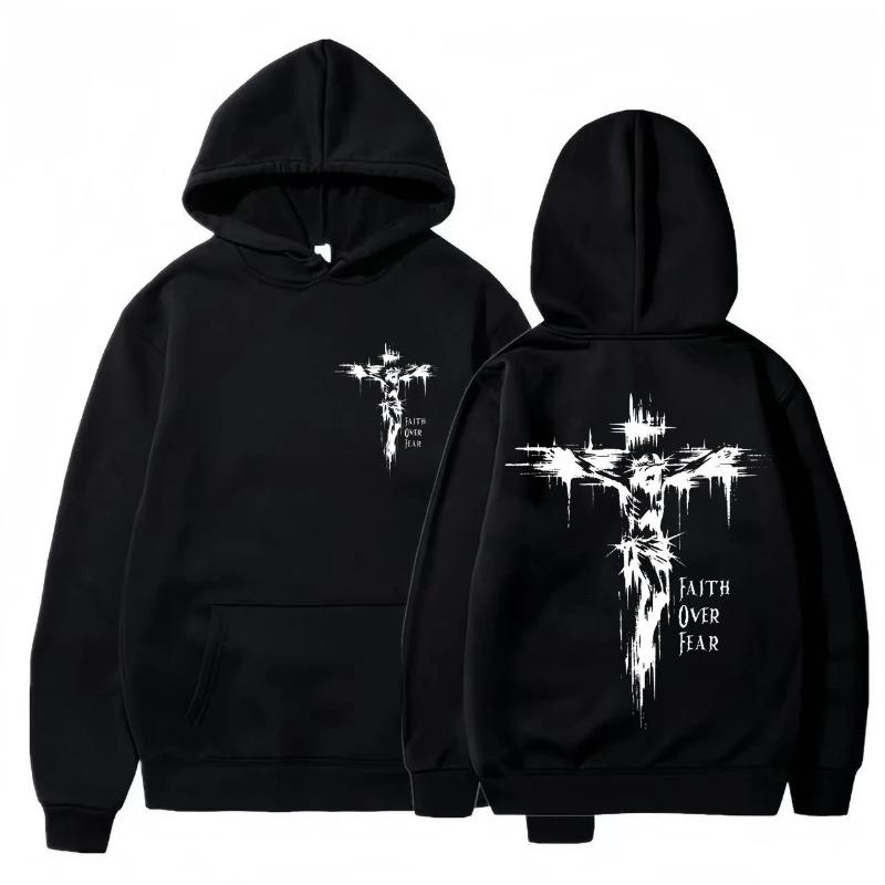 Hoodie with Religious Cross and Motivational Text Prints Pullover Style Autumn Fashion Hooded Hoodie Casual Hoodie Unisex