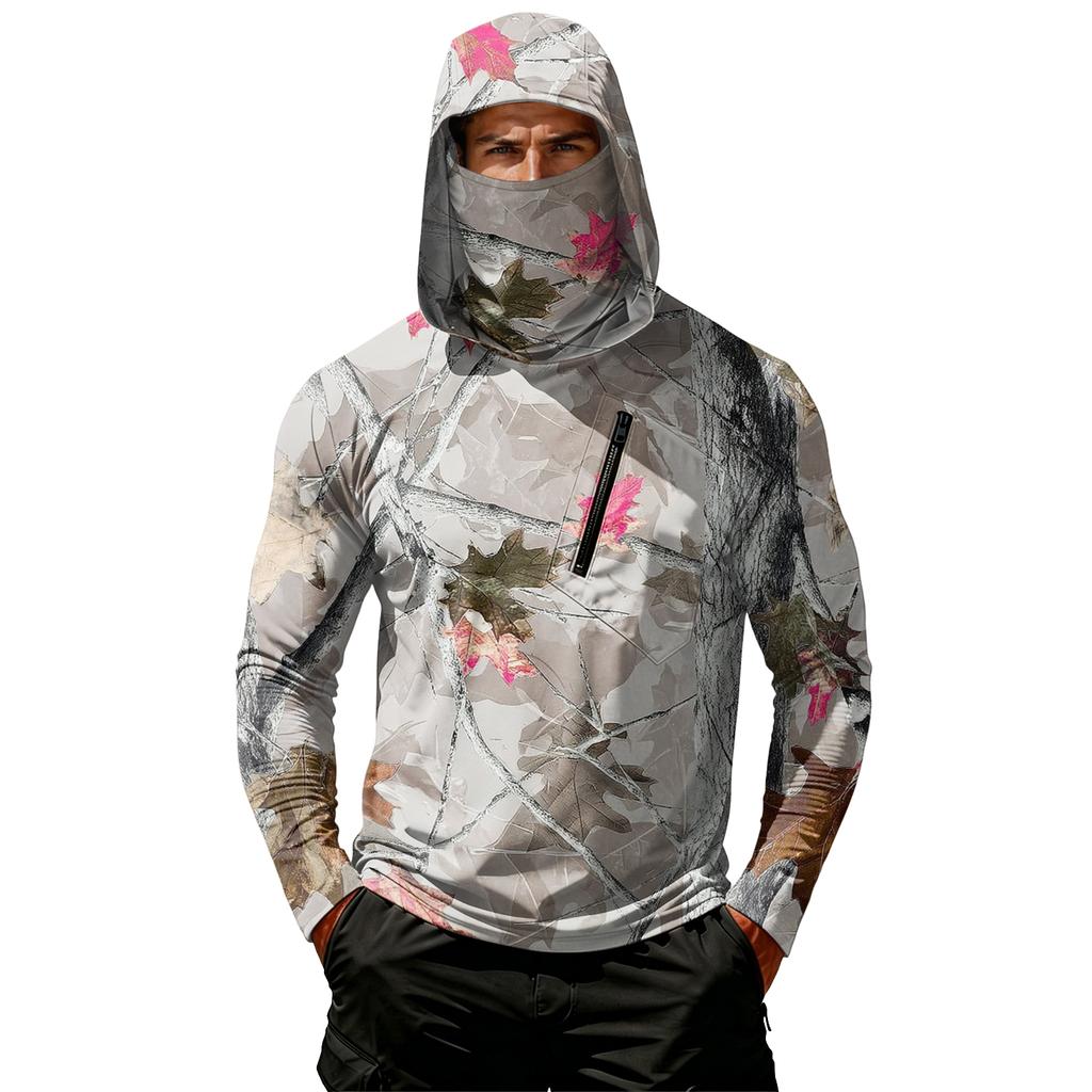 Men’s Casual Hooded Long Sleeve Sun Top with Leaf Camouflage Print and Zippered Chest Pocket for Outdoor Activities